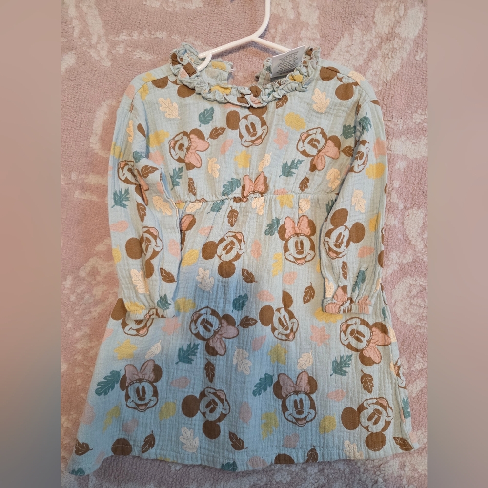 Minnie Mouse Print Long Sleeve Girls Dress - Pastel Blue & Pink